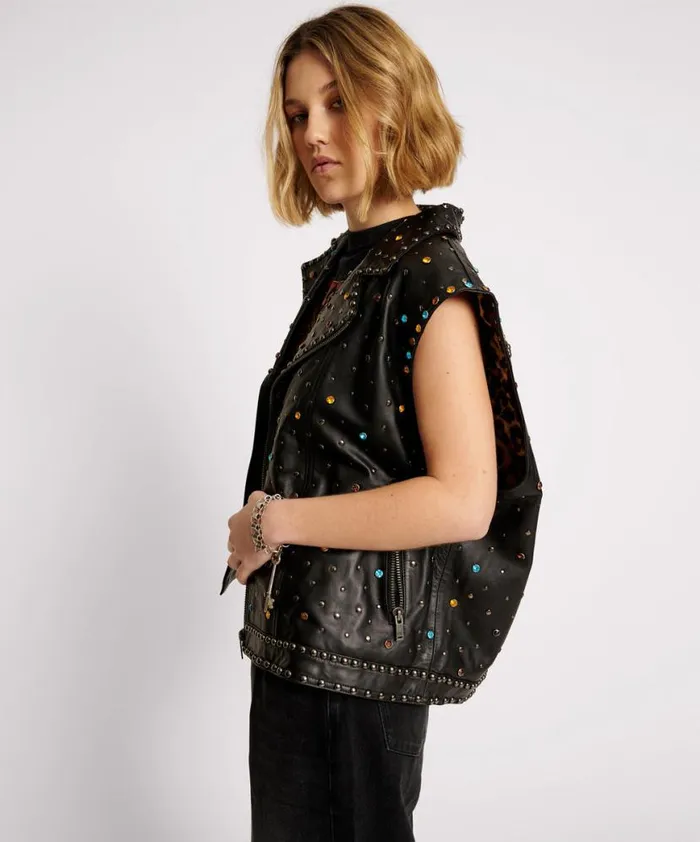 Women One Teaspoon Jackets STUDDED JEWEL LEATHER EAGLE PUNK SLEEVELESS JACKET Women One Teaspoon Jackets STUDDED JEWEL LEATHER EAGLE PUNK SLEEVELESS JACKET