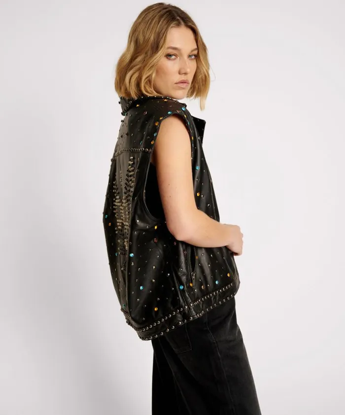 Women One Teaspoon Jackets STUDDED JEWEL LEATHER EAGLE PUNK SLEEVELESS JACKET Women One Teaspoon Jackets STUDDED JEWEL LEATHER EAGLE PUNK SLEEVELESS JACKET
