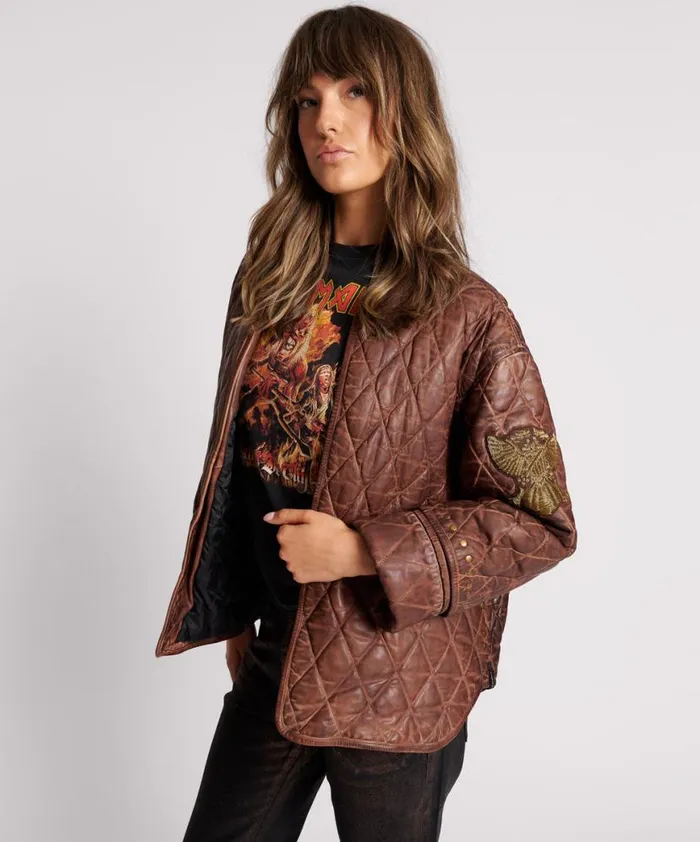 Women One Teaspoon Jackets VINTAGE BROWN EAGLE EYE WADDED JACKET Women One Teaspoon Jackets VINTAGE BROWN EAGLE EYE WADDED JACKET