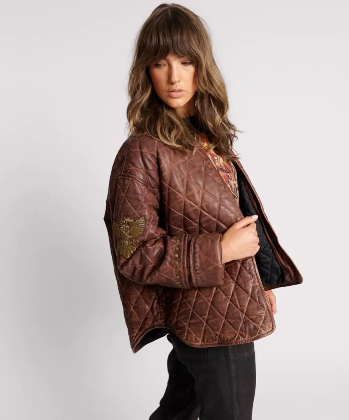 Women One Teaspoon Jackets VINTAGE BROWN EAGLE EYE WADDED JACKET Women One Teaspoon Jackets VINTAGE BROWN EAGLE EYE WADDED JACKET
