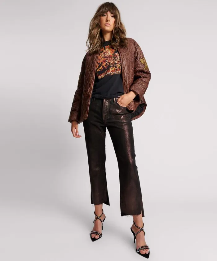 Women One Teaspoon Jackets VINTAGE BROWN EAGLE EYE WADDED JACKET Women One Teaspoon Jackets VINTAGE BROWN EAGLE EYE WADDED JACKET