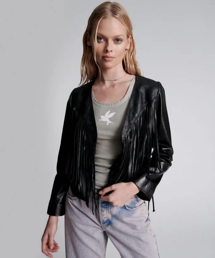 Women One Teaspoon Jackets WANDERER FRINGED LEATHER JACKET