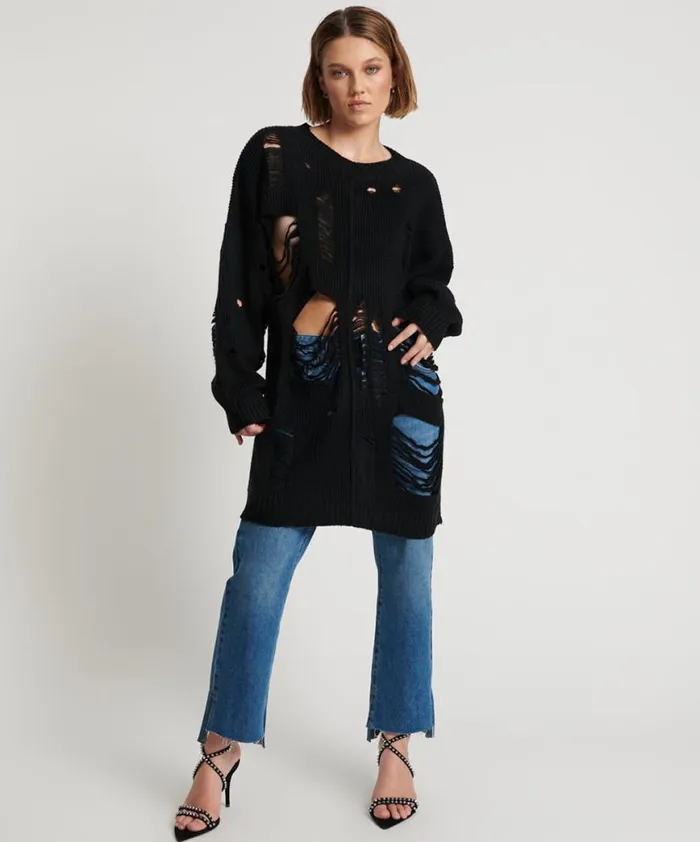 Women One Teaspoon Knitwear BLACK HERCULES SHREDDED SWEATER