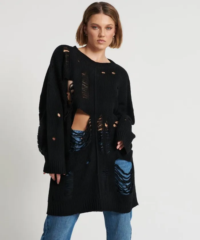 Women One Teaspoon Knitwear BLACK HERCULES SHREDDED SWEATER Women One Teaspoon Knitwear BLACK HERCULES SHREDDED SWEATER