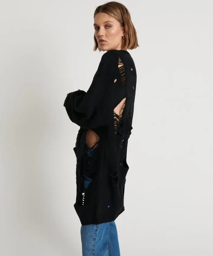 Women One Teaspoon Knitwear BLACK HERCULES SHREDDED SWEATER Women One Teaspoon Knitwear BLACK HERCULES SHREDDED SWEATER