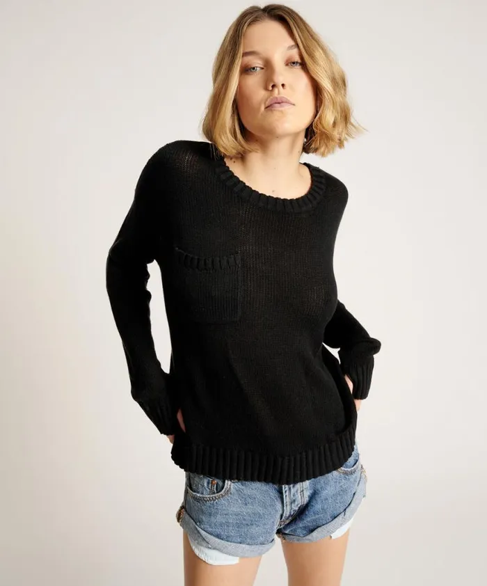 Women One Teaspoon Knitwear CLASSIC POCKET CHUNKY KNIT SWEATER BLACK