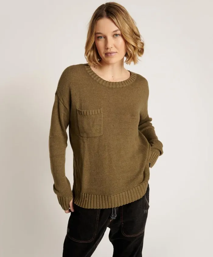 Women One Teaspoon Knitwear CLASSIC POCKET CHUNKY KNIT SWEATER KHAKI