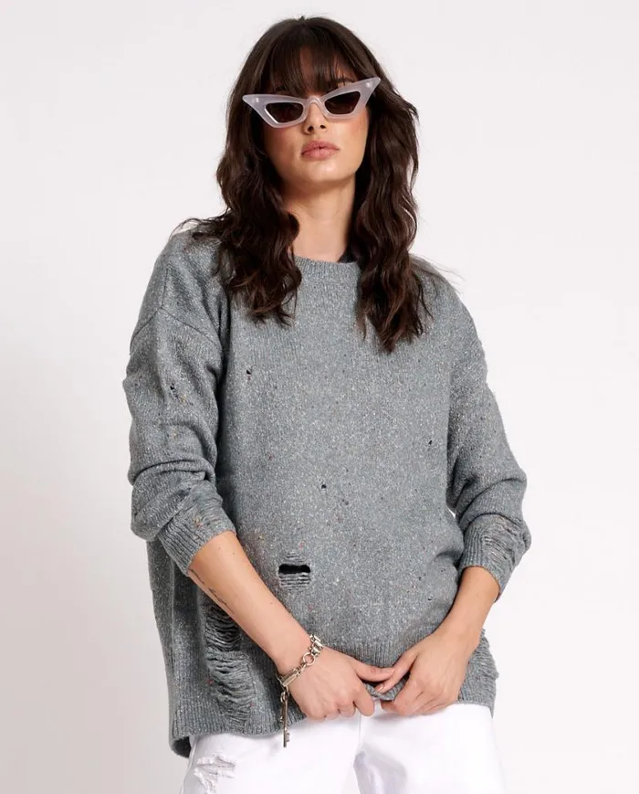 Women One Teaspoon Knitwear DISTRESSED FISHERMAN KNIT SWEATER GREY