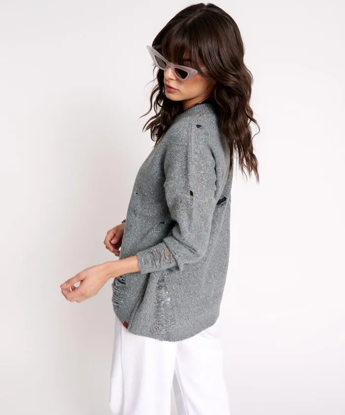 Women One Teaspoon Knitwear DISTRESSED FISHERMAN KNIT SWEATER GREY Women One Teaspoon Knitwear DISTRESSED FISHERMAN KNIT SWEATER GREY