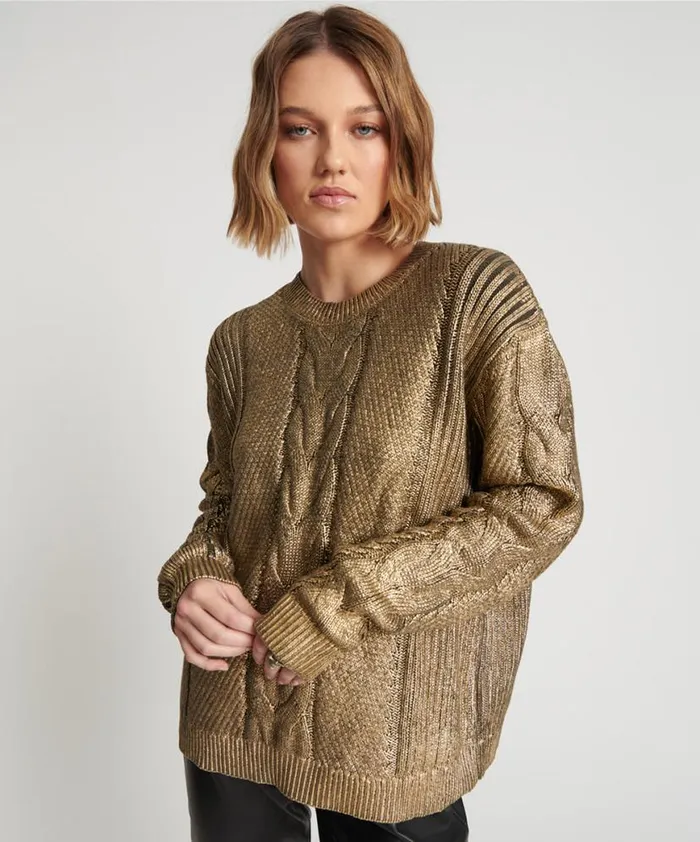 Women One Teaspoon Knitwear GOLD FOIL CABLE SPINE SWEATER