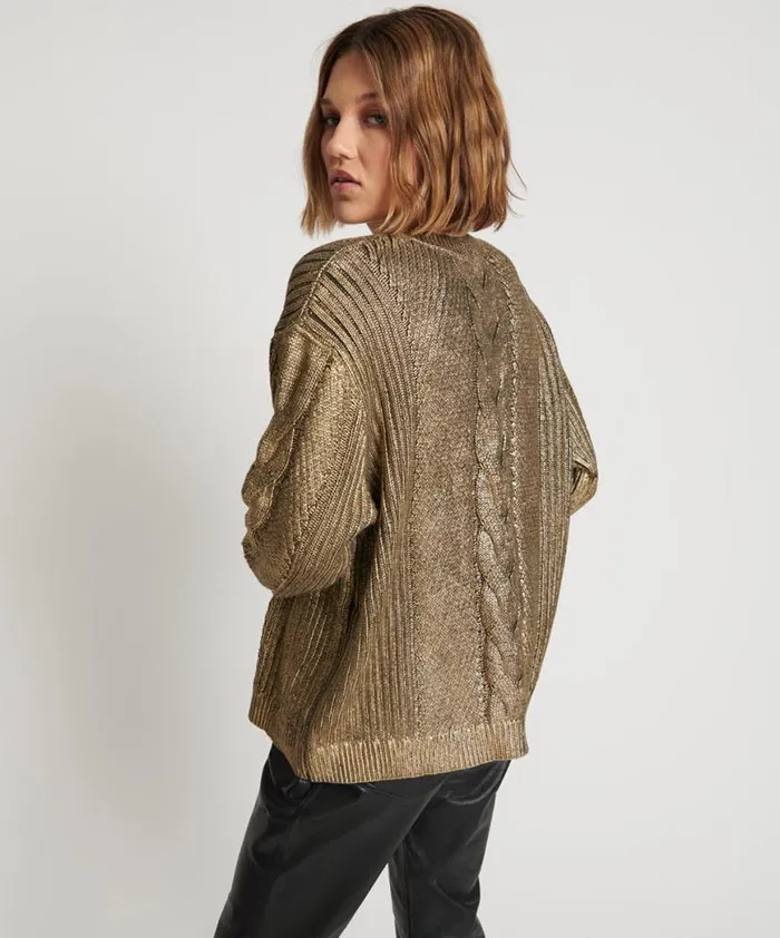 Women One Teaspoon Knitwear GOLD FOIL CABLE SPINE SWEATER Women One Teaspoon Knitwear GOLD FOIL CABLE SPINE SWEATER