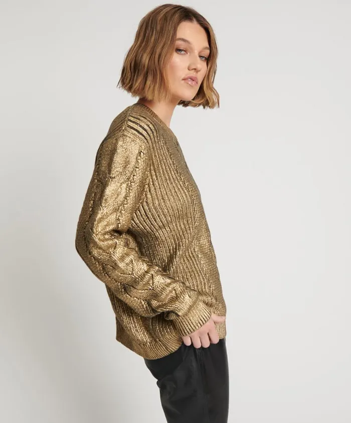 Women One Teaspoon Knitwear GOLD FOIL CABLE SPINE SWEATER Women One Teaspoon Knitwear GOLD FOIL CABLE SPINE SWEATER