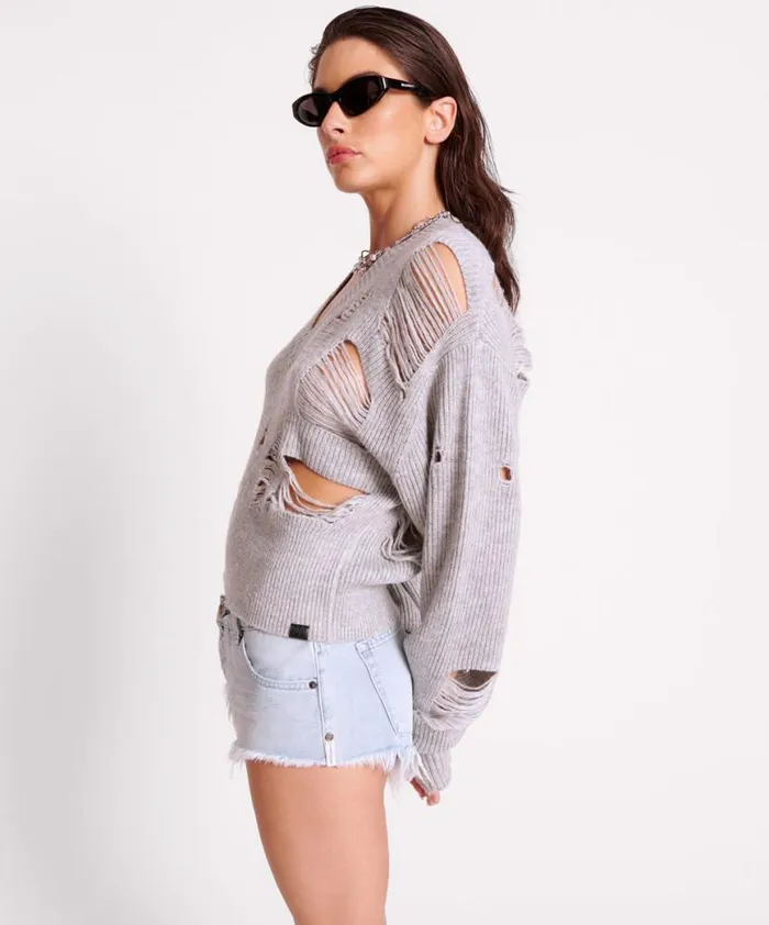 Women One Teaspoon Knitwear LADDERED VNECK DISTRESSED SWEATER Women One Teaspoon Knitwear LADDERED VNECK DISTRESSED SWEATER