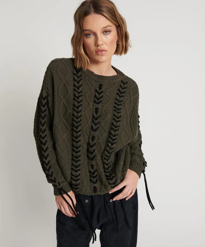 Women One Teaspoon Knitwear MILITARY KHAKI THREADED CABLE SWEATER
