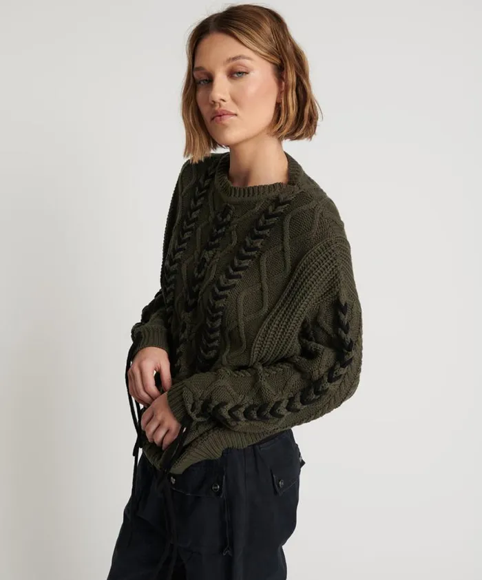 Women One Teaspoon Knitwear MILITARY KHAKI THREADED CABLE SWEATER Women One Teaspoon Knitwear MILITARY KHAKI THREADED CABLE SWEATER