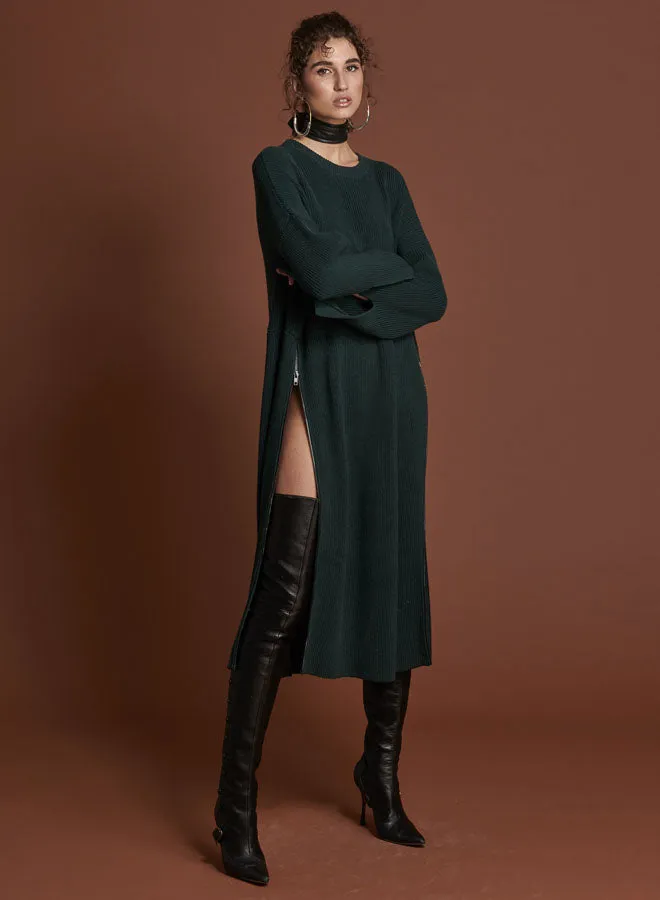 Women One Teaspoon Midi and Maxi Dresses BOTTLE GREEN STUDIO ZIP KNIT DRESS