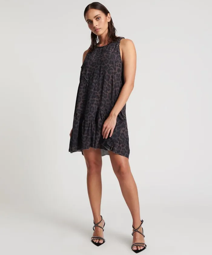 Women One Teaspoon Mini Dresses DARK LEOPARD TIERED DRESS