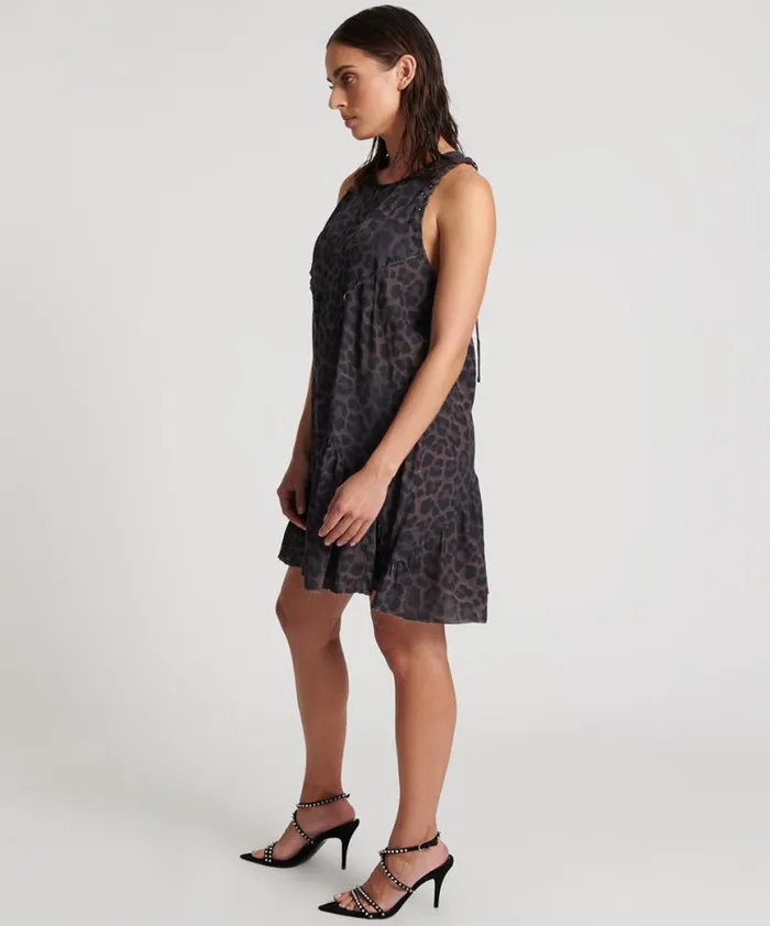 Women One Teaspoon Mini Dresses DARK LEOPARD TIERED DRESS Women One Teaspoon Mini Dresses DARK LEOPARD TIERED DRESS