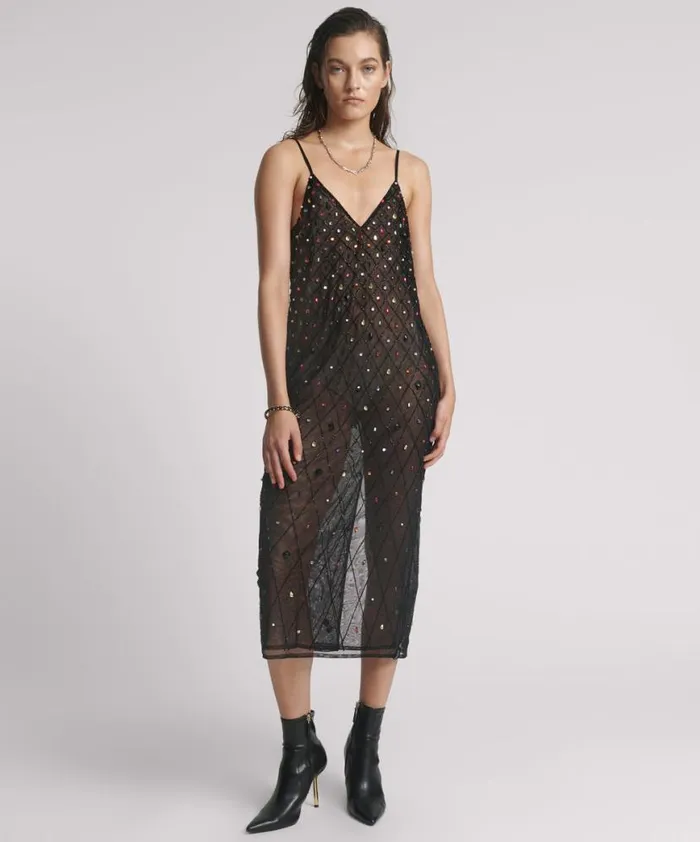 Women One Teaspoon Mini Dresses STELLAR JEWEL HAND BEADED SLIP DRESS