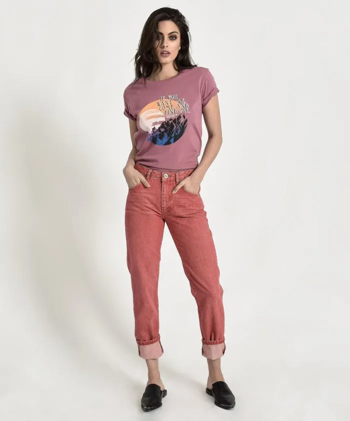 Women One Teaspoon Organic Tees ORGANIC RED AWESOME BAGGIES HIGH WAIST STRAIGHT LEG JEANS