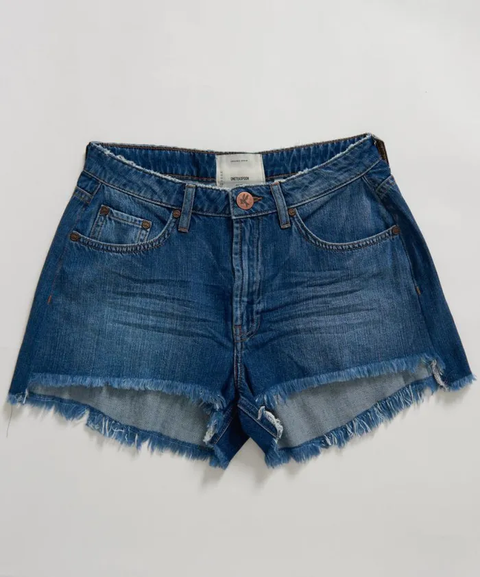 Women One Teaspoon Organic Tees ORGANIC SURF BLUE TRUCKERS MID WAIST RELAXED SHORT