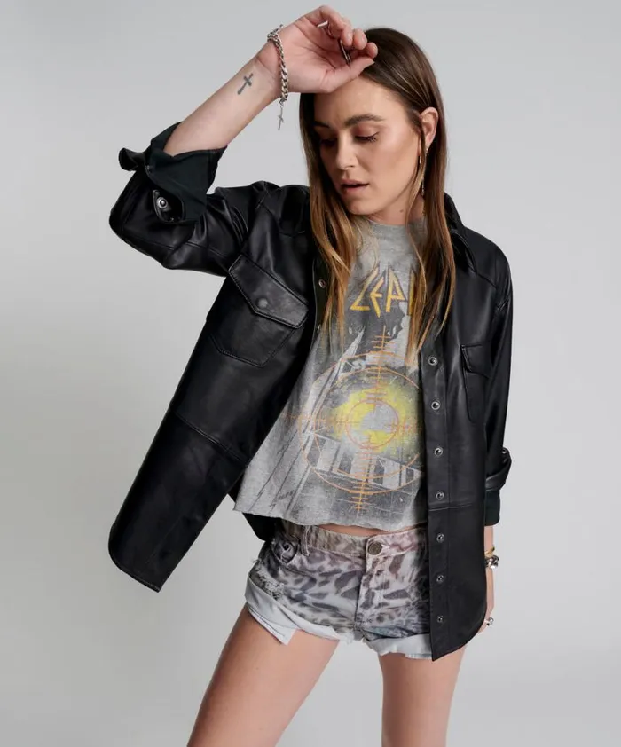 Women One Teaspoon Shirts ARIA LEATHER OVERSIZED SHACKET BLACK