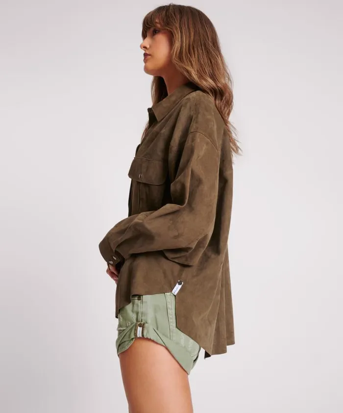 Women One Teaspoon Shirts ARMY GREEN SUEDE DARIA SHIRT