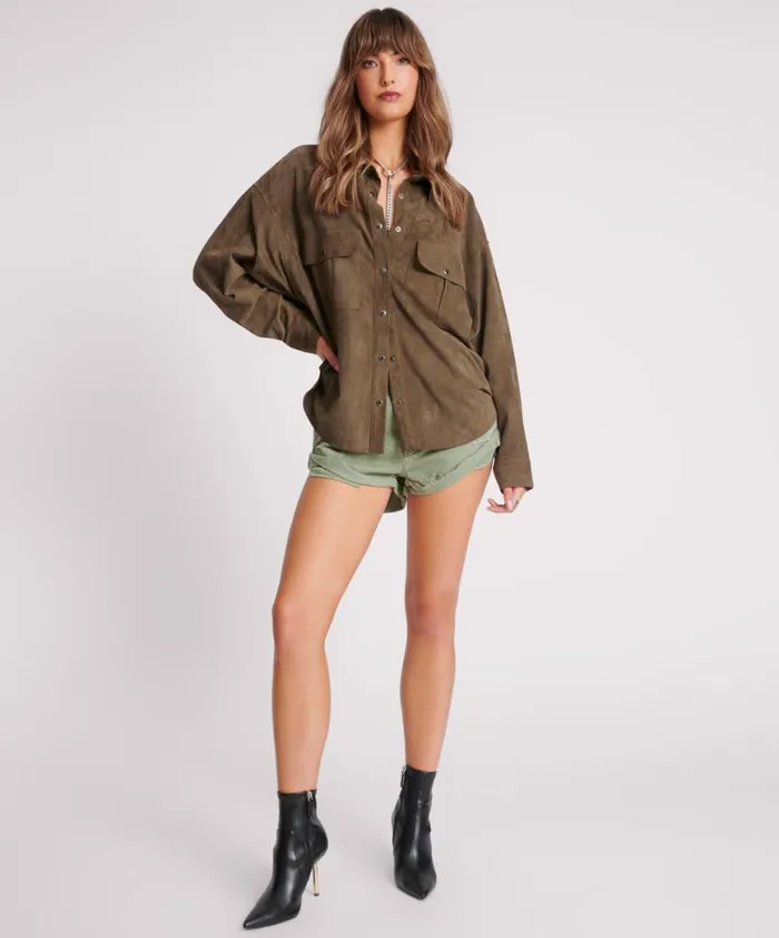 Women One Teaspoon Shirts ARMY GREEN SUEDE DARIA SHIRT