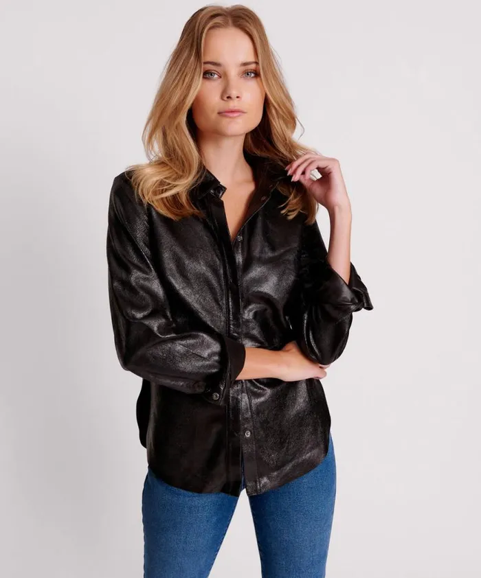 Women One Teaspoon Shirts BLACK BOWIE CURVED LEATHER SHIRT