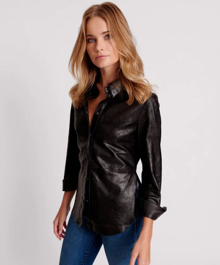 Women One Teaspoon Shirts BLACK BOWIE CURVED LEATHER SHIRT