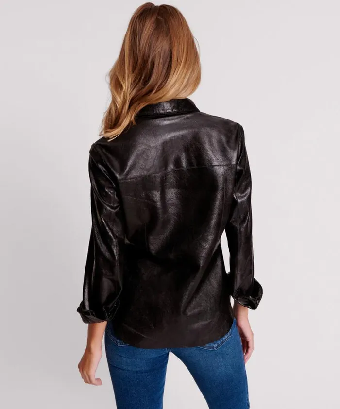 Women One Teaspoon Shirts BLACK BOWIE CURVED LEATHER SHIRT