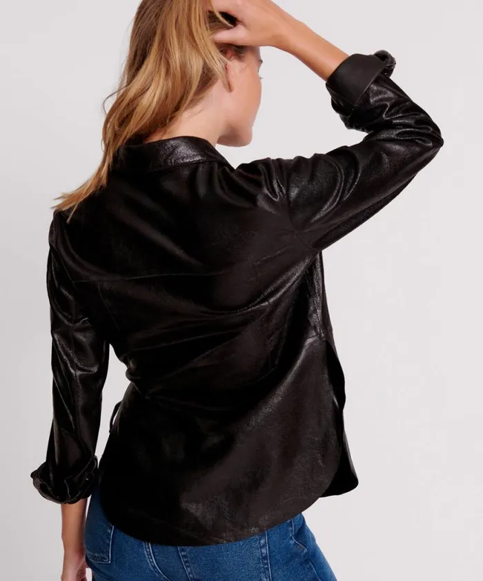Women One Teaspoon Shirts BLACK BOWIE CURVED LEATHER SHIRT