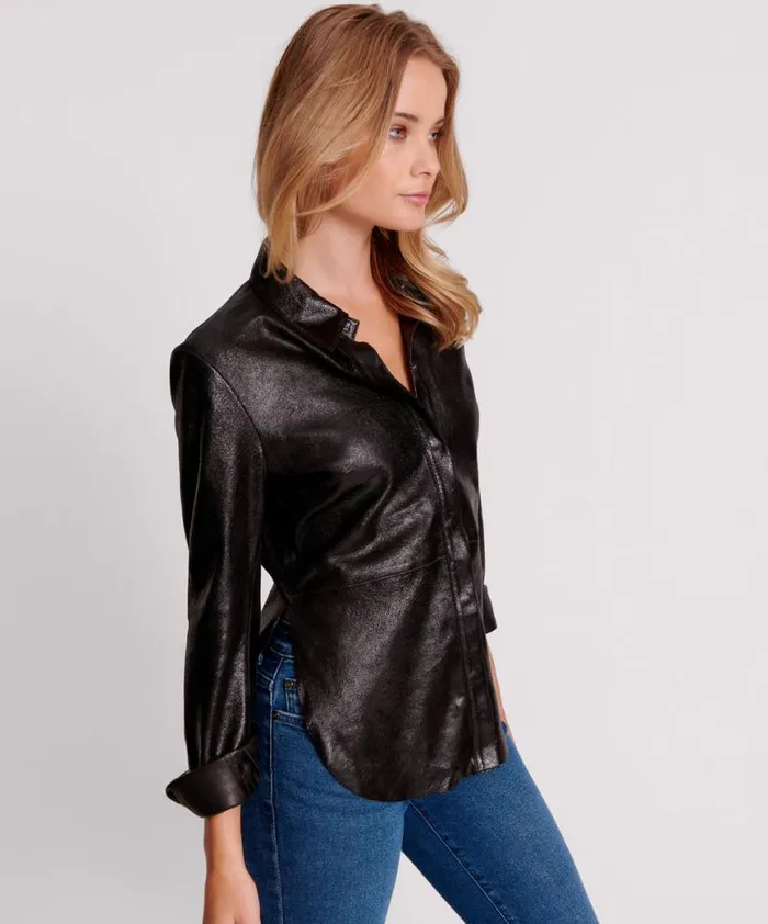 Women One Teaspoon Shirts BLACK BOWIE CURVED LEATHER SHIRT