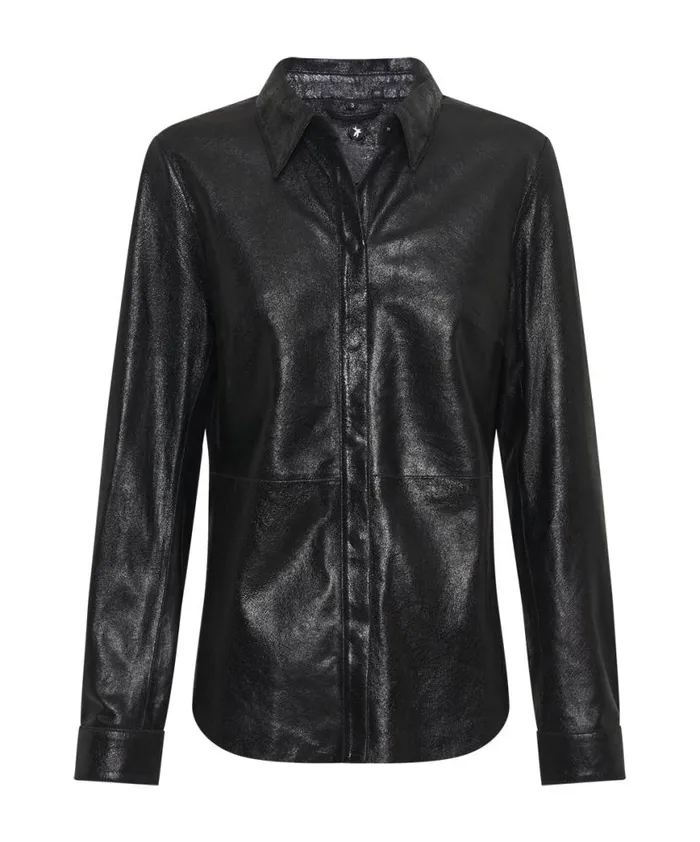 Women One Teaspoon Shirts BLACK BOWIE CURVED LEATHER SHIRT