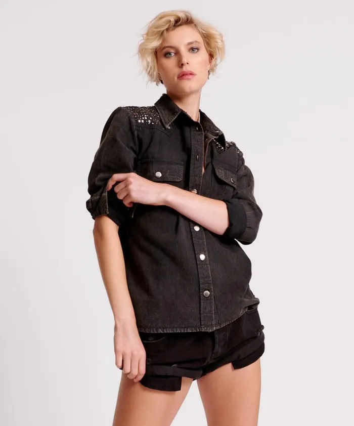 Women One Teaspoon Shirts BLACK HAND EMBELLISHED DENIM WESTERN SHIRT