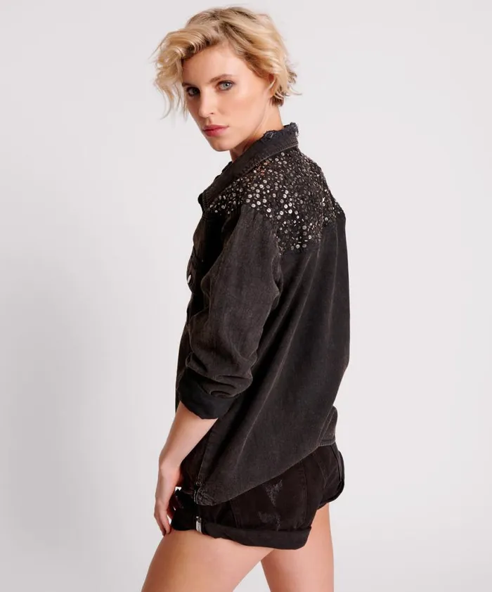Women One Teaspoon Shirts BLACK HAND EMBELLISHED DENIM WESTERN SHIRT Women One Teaspoon Shirts BLACK HAND EMBELLISHED DENIM WESTERN SHIRT