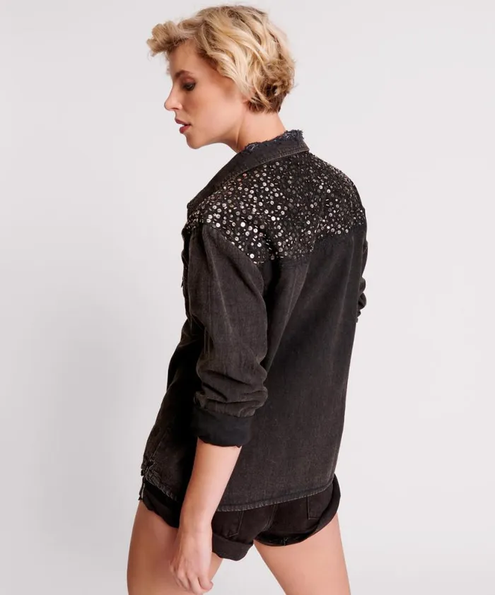 Women One Teaspoon Shirts BLACK HAND EMBELLISHED DENIM WESTERN SHIRT Women One Teaspoon Shirts BLACK HAND EMBELLISHED DENIM WESTERN SHIRT
