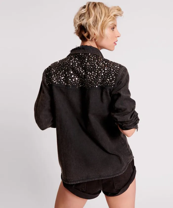 Women One Teaspoon Shirts BLACK HAND EMBELLISHED DENIM WESTERN SHIRT Women One Teaspoon Shirts BLACK HAND EMBELLISHED DENIM WESTERN SHIRT
