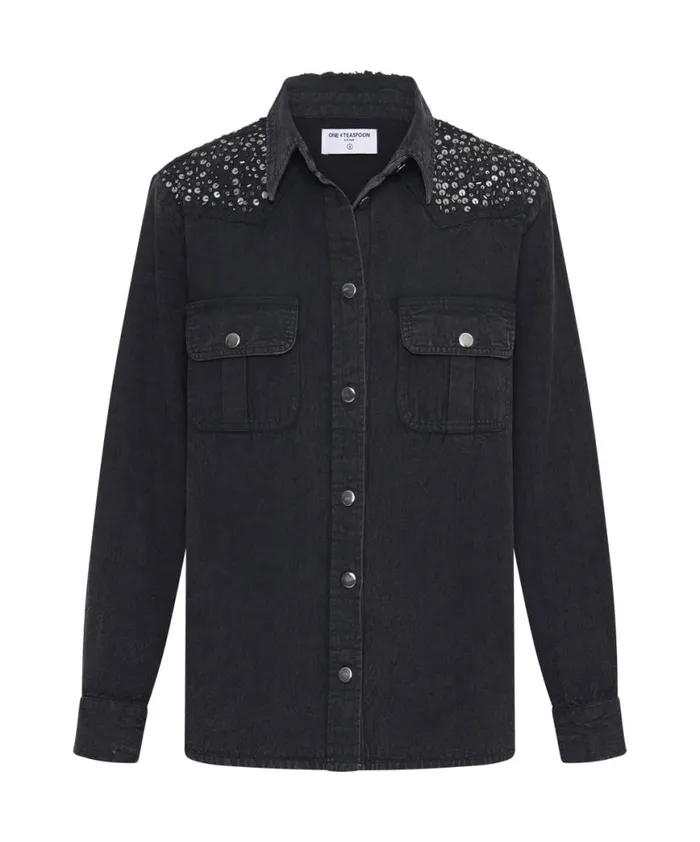 Women One Teaspoon Shirts BLACK HAND EMBELLISHED DENIM WESTERN SHIRT Women One Teaspoon Shirts BLACK HAND EMBELLISHED DENIM WESTERN SHIRT