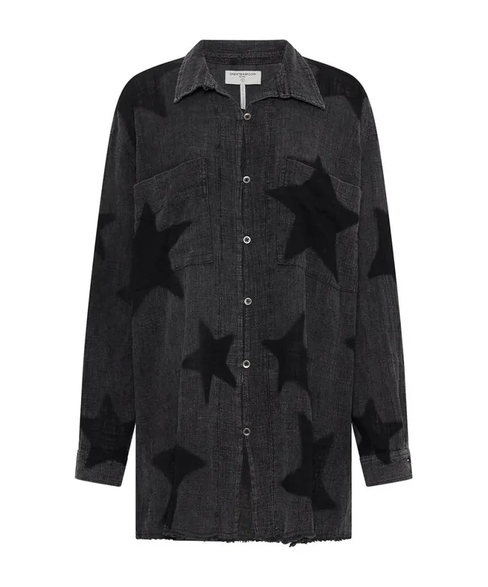 Women One Teaspoon Shirts BLACK STAR MUSLIN LONGLINE SHIRT Women One Teaspoon Shirts BLACK STAR MUSLIN LONGLINE SHIRT