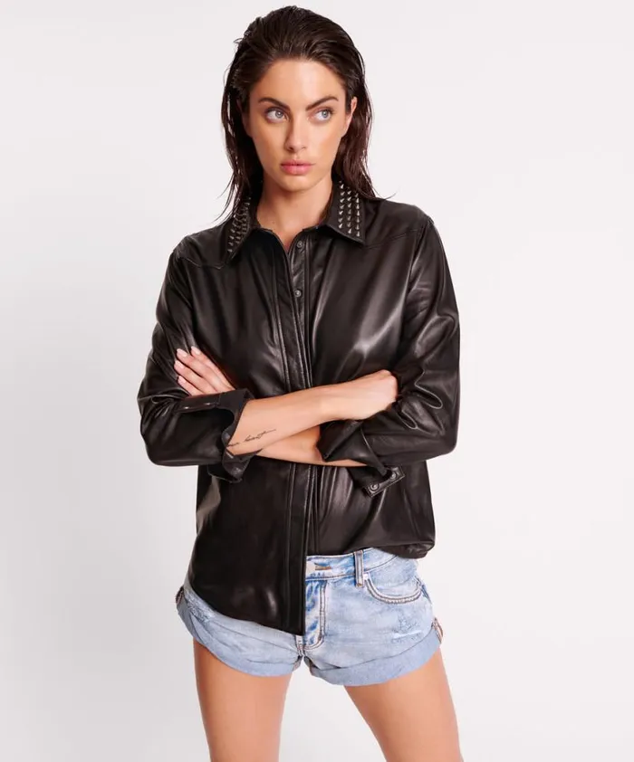 Women One Teaspoon Shirts BLACK STUDDED WESTERN LEATHER SHACKET