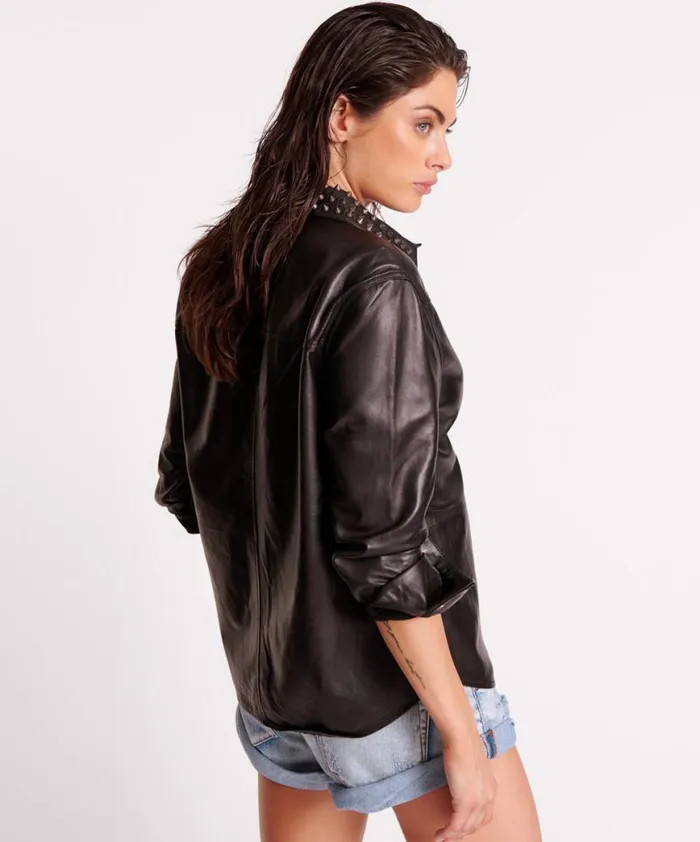 Women One Teaspoon Shirts BLACK STUDDED WESTERN LEATHER SHACKET