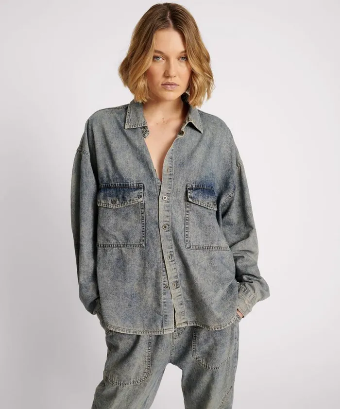Women One Teaspoon Shirts DIRTY BLUE OVERSIZED DENIM WESTERN SHIRT