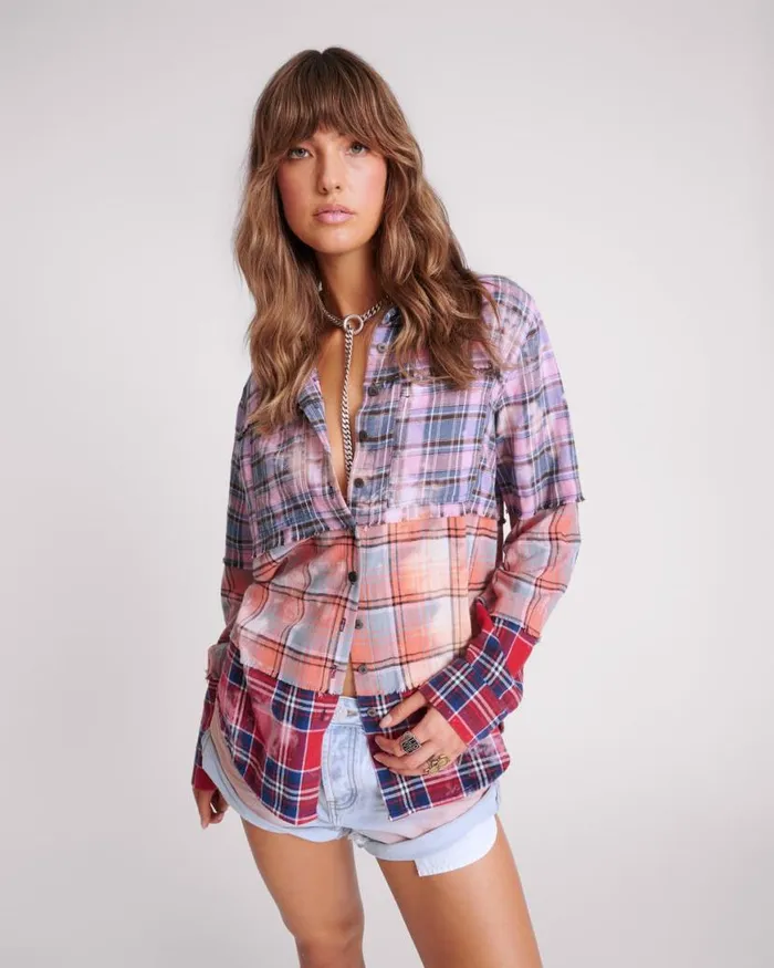Women One Teaspoon Shirts DISTRESSED MIXED FLANNEL SHIRT