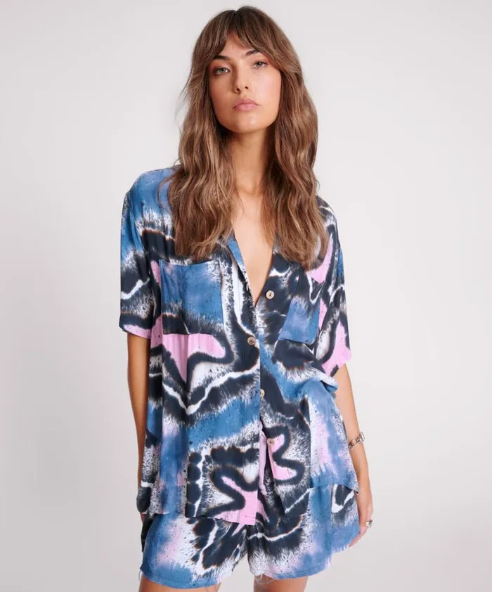 Women One Teaspoon Shirts HAND PAINTED FLORAL SHORTS SLEEVE SHIRT