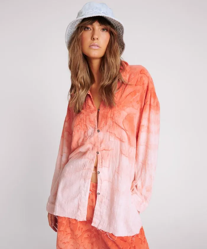 Women One Teaspoon Shirts HAND PAINTED SUNSET MUSLIN LONGLINE SHIRT