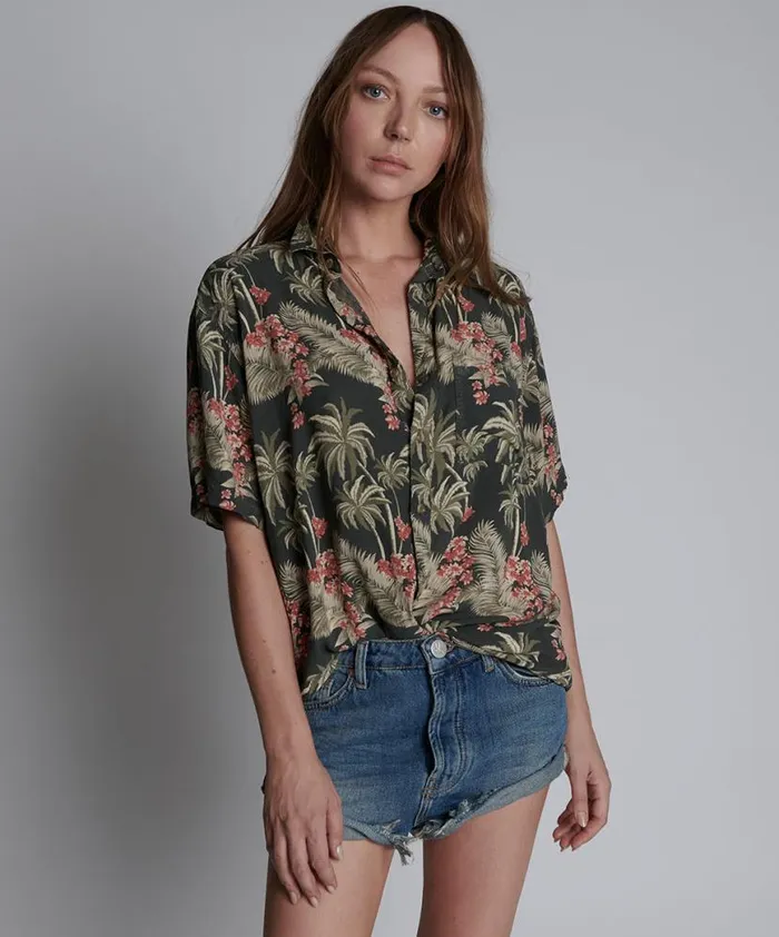 Women One Teaspoon Shirts KHAKI PALM HAWAIIAN SHIRT