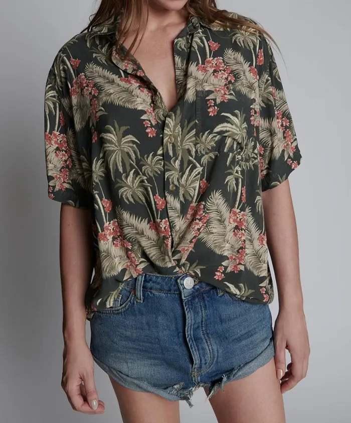 Women One Teaspoon Shirts KHAKI PALM HAWAIIAN SHIRT Women One Teaspoon Shirts KHAKI PALM HAWAIIAN SHIRT