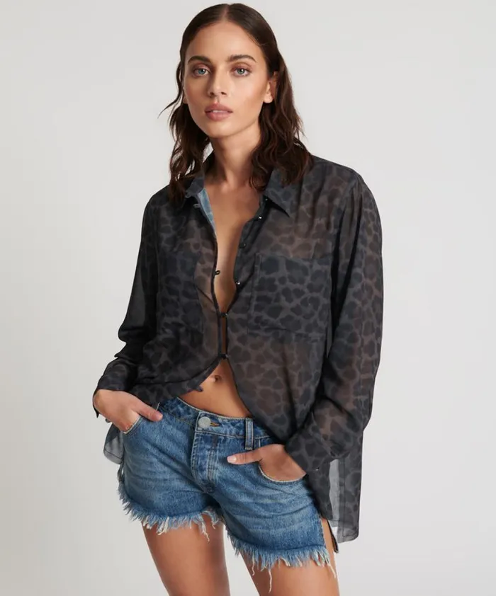 Women One Teaspoon Shirts LEOPARD CHIFFON LONGLINE SHIRT