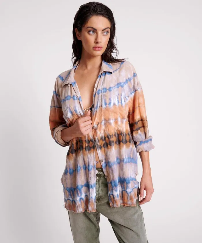 Women One Teaspoon Shirts MIRAGE HAND TIE DYED MUSLIN LONG LINE SHIRT